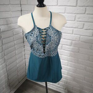 Time & Tru Ladies Size XL (16-18) Teal & White w/ Gold Tone Specs Tankini Top